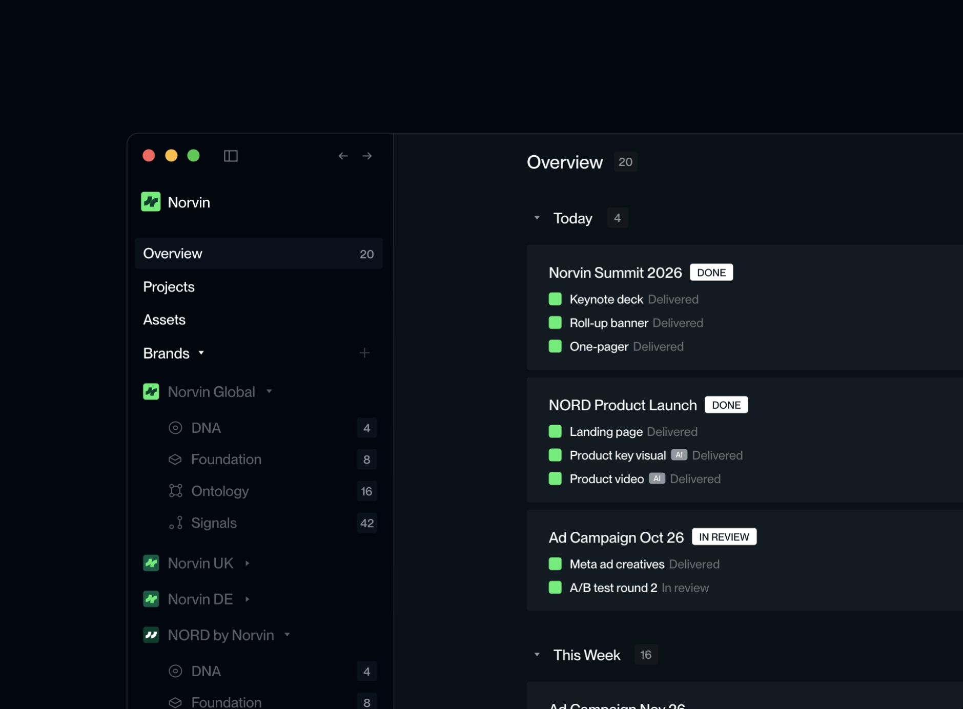 Eine Workspace-Übersicht mit Brand-Projekten, deren Deliverables als geliefert markiert sind.