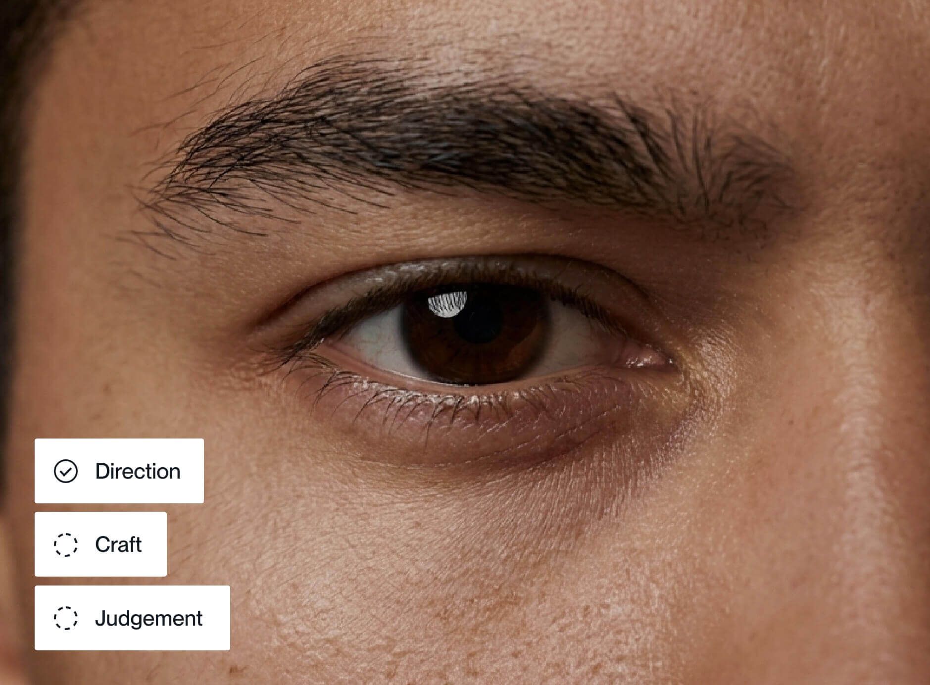 A close-up portrait overlaid with three labels: Direction, Craft, Judgement.
